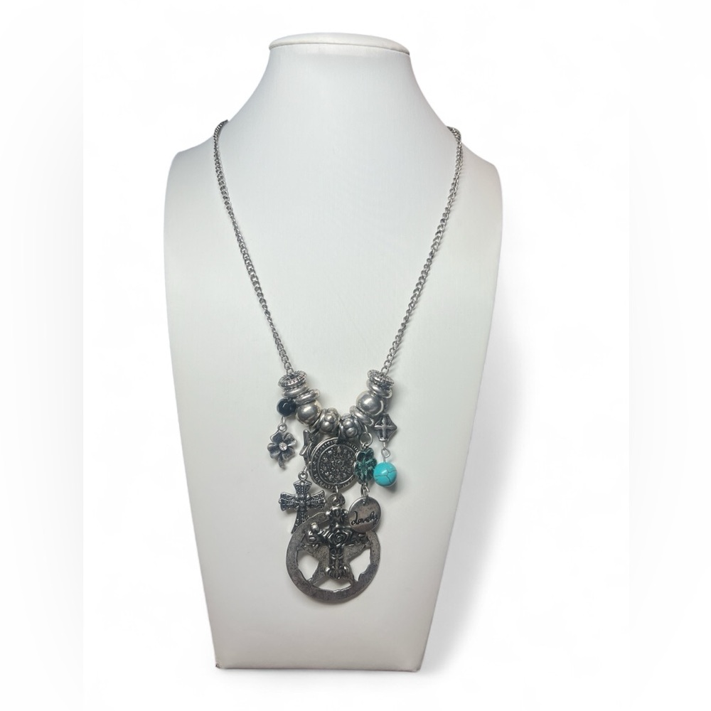 Boho Silver Cross Medallion Necklace with Turquoise Bead Charm Layered Statement